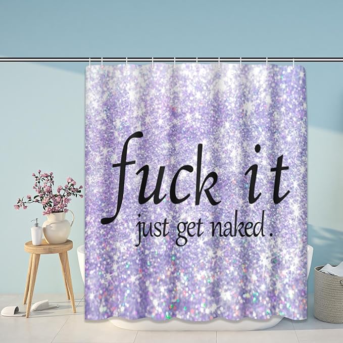 ArtSocket 4PC Purple Funny Get Naked Shower Curtain Sets Diamond Gold Bathroom Decor with Rugs, Non-Slip Rug,Toilet Lid Cover, Bath Mat and 12 Hooks 72x72 inches