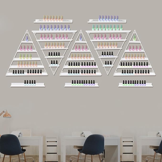 10PCS Triangular Wall-Mounted Nail Polish Racks, White 5-Tier Nail Polish Shelves, Heavy-Duty Cosmetic Display Cases with Raised Edges for Nail Salon, Home, Shop Use