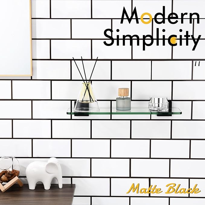KOKOSIRI Bathroom Glass Shelf 16-Inch Tempered Glass Floating Shelves Shower Storage Kitchen Rack Wall Mount, 2 Pack Black Stainless Steel B1107BK-L16-P2