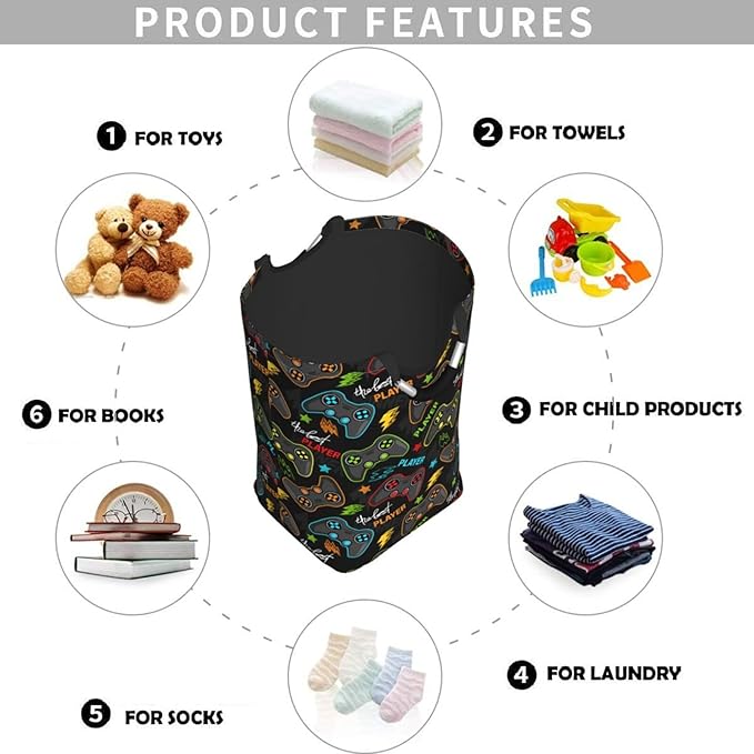 Video Game Gamer Gamepad Large Laundry Hamper Gaming Theme Storage Basket Toys Clothes Organizer Bin For Home Bathroom Bedroom Dorm Nursery, 60l