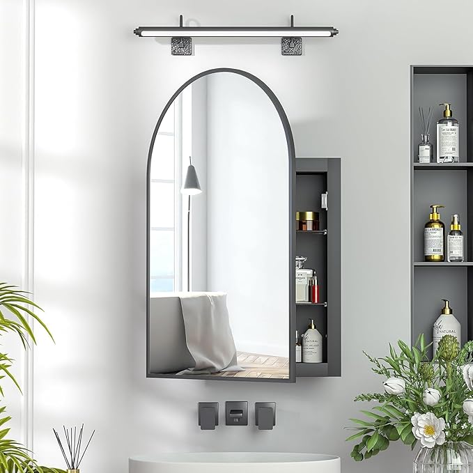 Recessed Medicine Cabinet with Mirror,Arched Medicine Cabinet Mirrors for Bathroom,Brushed Black Medicine Cabinets in Wall,Bathroom Mirror with Storage,Mirrored Medicine Cabinets 20x30