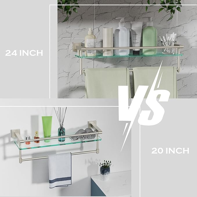 24-Inch Modern Wall-Mounted Bathroom Glass Shelf with 1 Shelf, Brushed Nickel, 1 Towel Bar, 45 lbs Weight Capacity