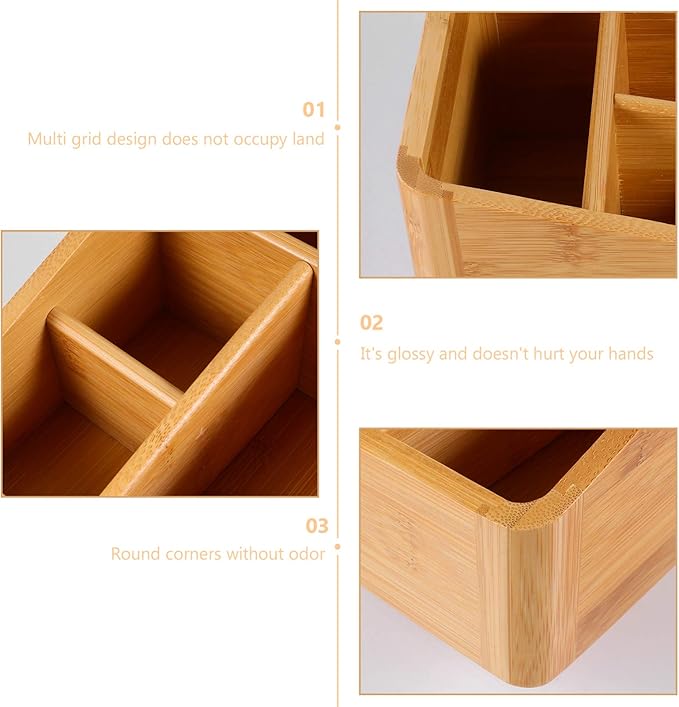 Angoily Wood Organizer Box Wood Compact Storage Organizer Bin Bathroom Countertop Storage Bin 4 Compartment Basket for Kitchen Cabinet