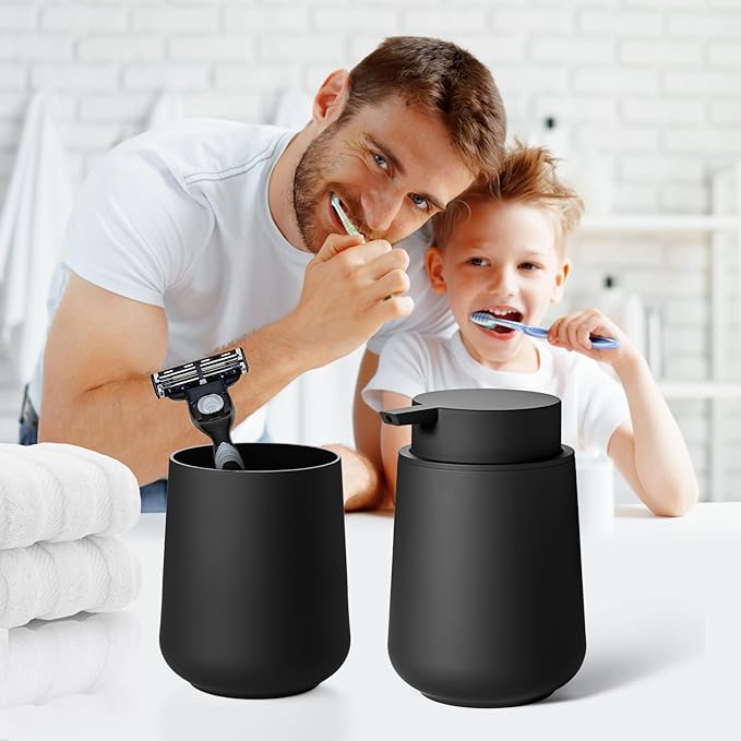 Matte Black Bathroom Accessories Set Plastic Hand Soap Dispenser and Toothbrush Holders 2 Piece