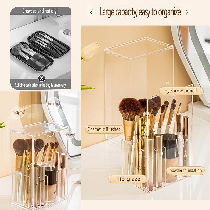 Makeup Brush Organizer With Lid,Thickened Acrylic Brush Holder Dust Proof，Easy To Take,Makeup Brush Storage For Vanity Suitable For Shanks Less Than 0.78 In