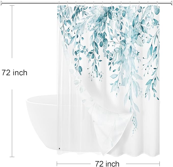 Gibelle 3 in 1 Shower Curtain Set, 72x72 SpaBlue Eucalyptus Bath Curtain and PEVA Liner Set with 12 Metal Hooks, Waterproof Fabric Bathroom Curtain