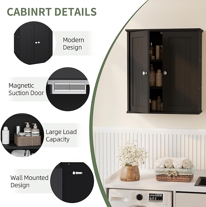 Walsunny Bathroom Medicine Cabinet Wall Mount with 2 Doors and 2 Shelves, Small Bathroom Cabinet Wooden Storage Cabinet Over Toilet Restroom Laundry Room Kitchen, Black