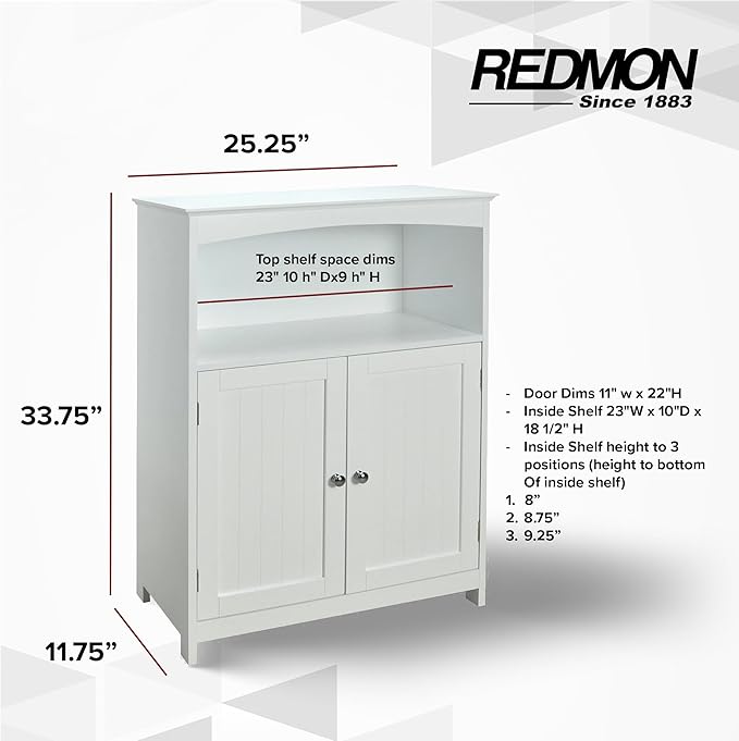 Beadboard Double Door Multi Room Freestanding Floor Cabinet, Open Top Shelf With Arched Accent, Adjustable Center Shelf, 25 Inch Width x 12 Inch Depth x 33 Inch Tall, White Semi Gloss Enamel Finish
