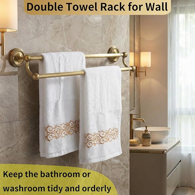 Double Towel Bar, Antique Brass Bathroom Towel Racks Wall Mounted, Adjustable Gold Towel Bar Fits 14-25 Inch Centers, Heavy Duty Rustproof Brass Towel Rod Holder for Bath