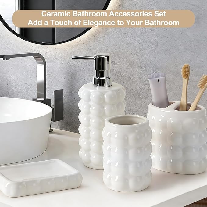 4 Piece Ceramic Bathroom Accessories Set –Soap Dispenser,Toothbrush Holder,Tumbler & Soap Dish,Includes Silicone Funnel,Non-Slip,Modern Farmhouse Countertop Organizer Set for Bathroom Decor, White