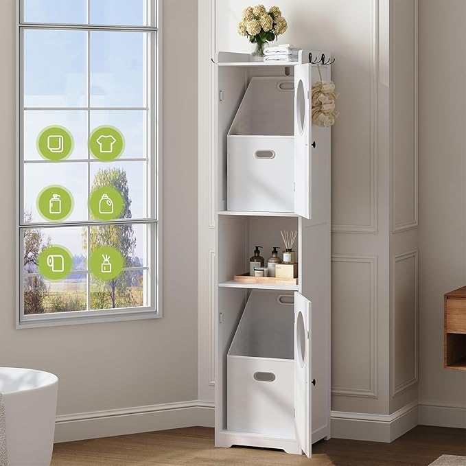 Laundry Hamper Cabinet, 70" Tall Bathroom Cabinet with 2 Laundry Baskets, Hidden Laundry Hamper with 2 Doors and Double Clothes-Toss Round Holes for Bathroom, White WT170XY01S