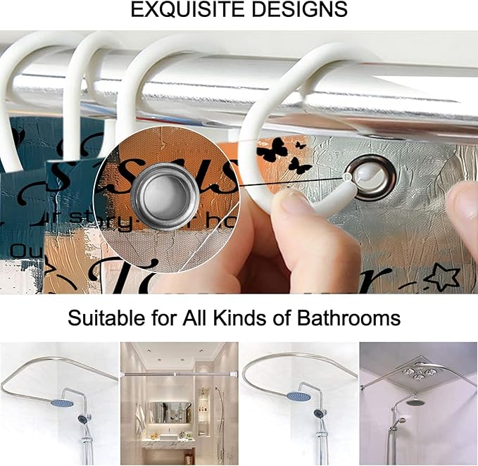 Lnond 4Pcs Bathroom Shower Curtain Sets with Rugs, Blue Orange Motivational Home Family Bathroom Sets with Shower Curtain and Rugs and Accessories