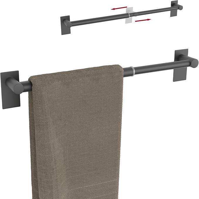Adhesive Adjustable Towel Bar, Self Stick Bathroom Towel Holders, HOMOTEK Bathroom Rod Size from 14 Inch to 24.5 Inch Single Hanger for Kitchen(Thickened 1 Pack Matte Black)