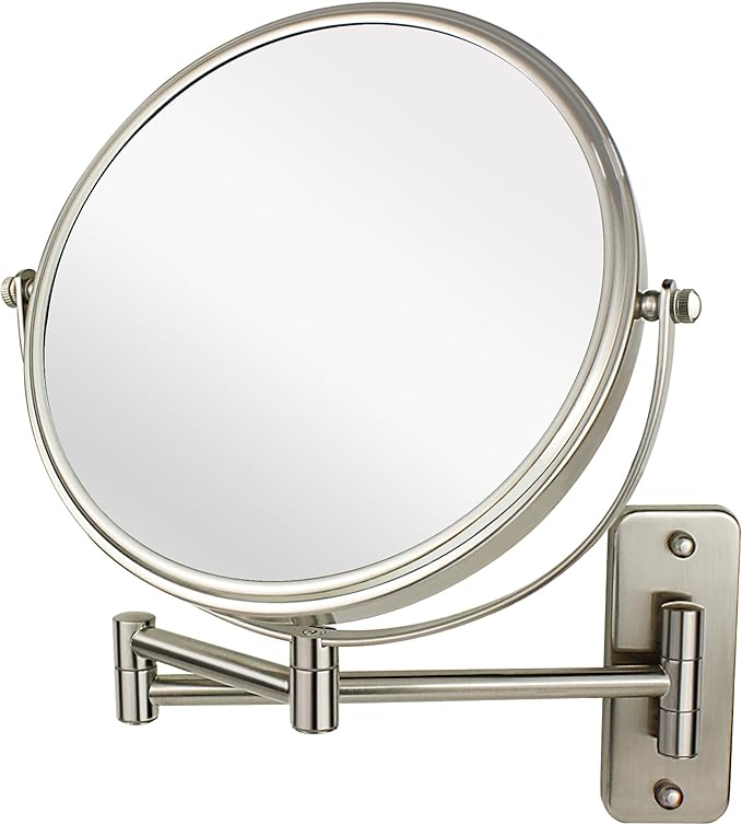 JANEEVA 8" Wall Mounted Makeup Mirror, 10X Magnifying Mirror with 360 Extendable Arm - Double Sided Vanity Mirror for Bathroom (Brushed Nickel)