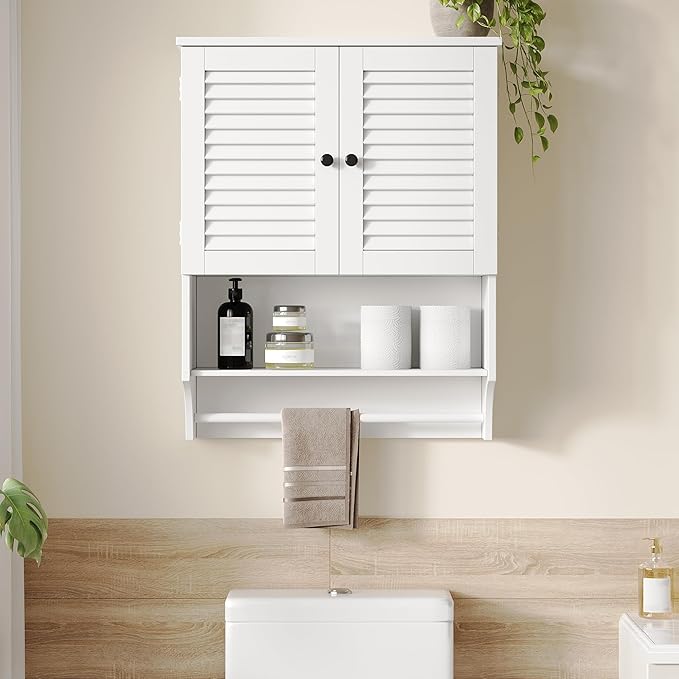 ChooChoo Medicine Cabinet with Towels Bar, 23.6" L x 8.8" W x 29.5" H MDF Material Bathroom Wall Cabinet, 2 Doors Over The Toilet Space Saver Storage Cabinet with Large Space, White