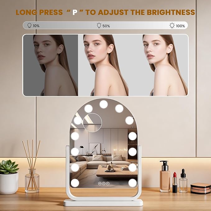 Arched Vanity Mirror with Lights, 19"×14" Hollywood Makeup Mirror with 13 Dimmable Bulbs, 3-Color Lighting, Dimmable, 360° Rotation, 10x Magnification, Desk Mirror, Bedroom (White)