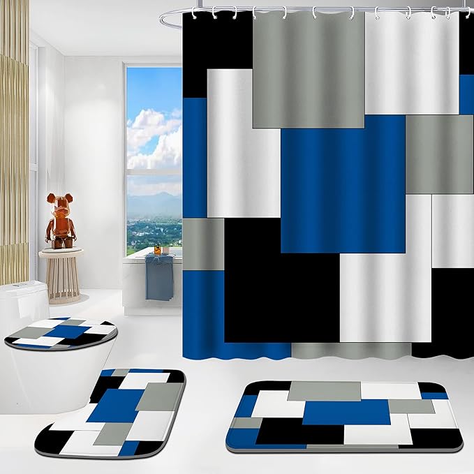 Blue Bathroom Sets with Shower Curtain and Rugs, 4 Piece Geometric Bathroom Shower Curtain Set with Rugs, Incl Shower Curtain with 12 Hooks, Bath Mat, U-Shaped Floor Mat, Toilet Lid Oval Rug