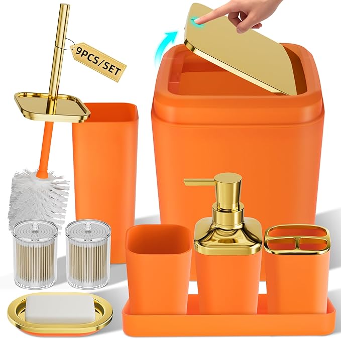 XLHOMO Bathroom Accessories Set - Luxury Orange Bathroom Set, 9 Pieces Bathroom Accessory Set, Orange Bathroom Accessories with Trash Can, Toilet Brush & Soap Dispenser