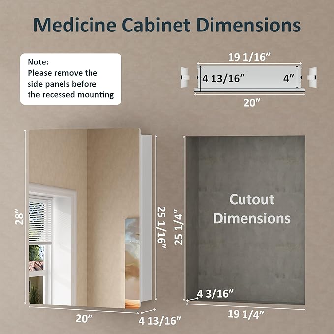 20x28 Inch Medicine Cabinet with Mirror, Recessed or Surface Mounted Bathroom Cabinets for Storage, 2 Fully Adjustable Tempered Glass Shelves, Soft-close DTC Hinges, HD Reflection Mirror Door, White