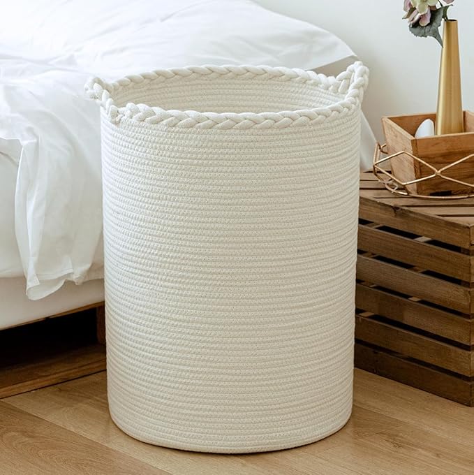 58L Woven Laundry Basket,Cotton Tall Laundry Hamper for Blankets,Clothes,Pillows,Toys,Shoes Large Laundry Bin White