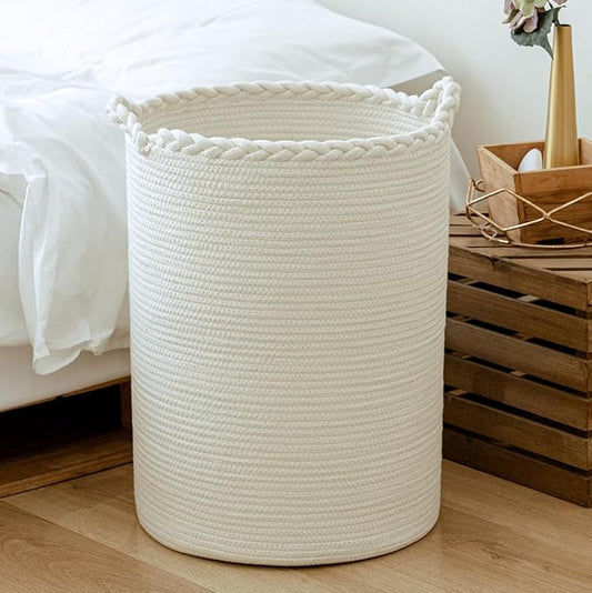 58L Woven Laundry Basket,Cotton Tall Laundry Hamper for Blankets,Clothes,Pillows,Toys,Shoes Large Laundry Bin White