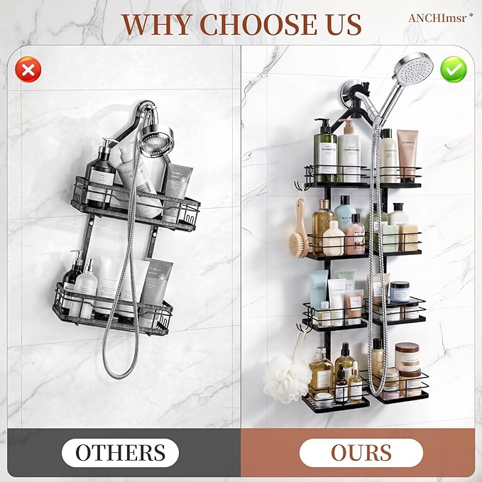 Adjustable Hanging Shower Caddy for Handheld Showerhead, 4-Tier Rustproof Shower Rack Baskets, Anti-Swing Hanging Shower Organizer for Bathroom Storage with 2 S-Hooks, Large Capacity, Black