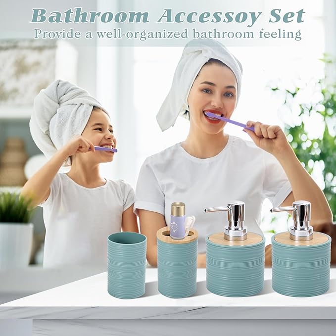 XLHOMO Blue Bathroom Set, Light Blue Bathroom Accessories Set with Trash Can, 2PCS Soap Dispensers, Soap Dish, Toothbrush Holder, Toothbrush Cup,Toilet Brush, Tray and Qtip Holders for Bathroom Decor