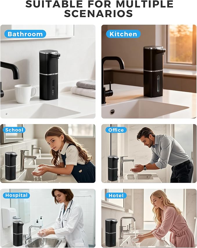 2 Pack Automatic Liquid Soap Dispenser, 13.5oz/400mL, USB Rechargeable, 9-Adjustable Liquid Levels, IPX5 Waterproof, Touchless & Wall/Tabletop Use for Kitchen Bathroom, Black