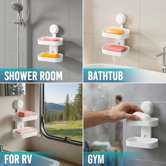 TAILI Soap Holder Soap Dish for Shower, Suction Cup Soap Holder for Shower Wall, Bathroom Accessories, Removable Strong Hold Soap Saver, Drill Free Double Soap Dish, White 2 Layer