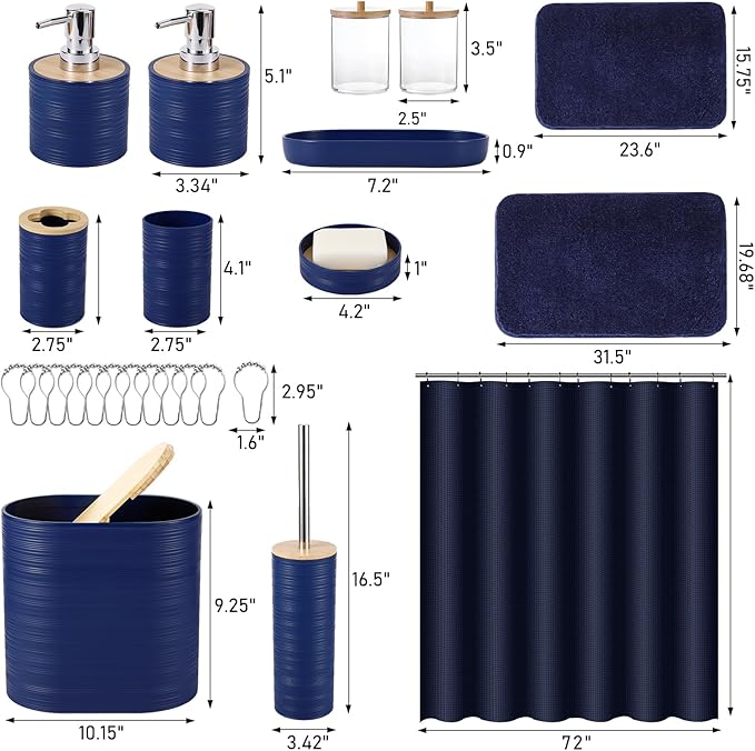 XLHOMO Bathroom Set - Navy Blue Bathroom Accessories Set, Bathroom Sets with Shower Curtain and Rugs, 25PC Shower Curtain Set with Hooks, Soap Dispenser, Soap Dish, Toilet Brush Holder and Trash Can