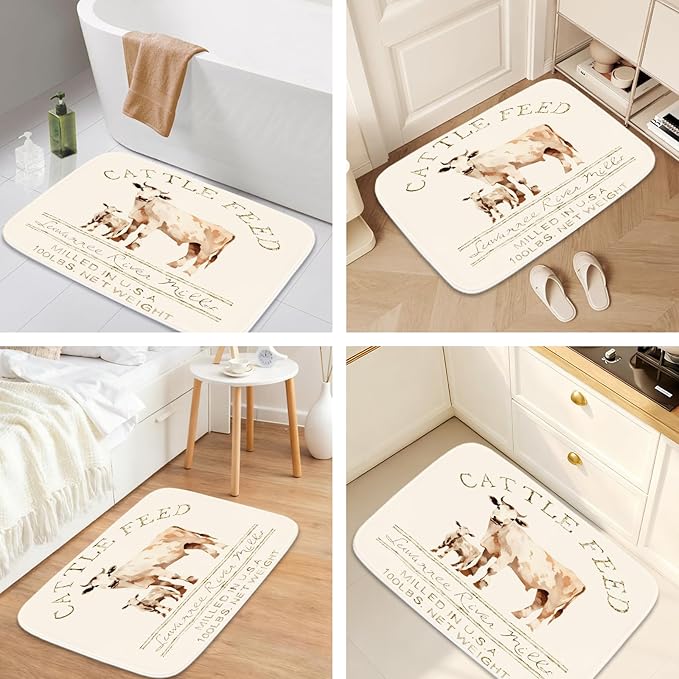 Farmhouse Abstract Animal Cattle Feed Cow Rustic Bathroom Rugs and Mats Sets 3 Piece, Memory Foam Bath Mat, U-Shaped Contour Shower Mat Non Slip Absorbent, Velvet Washable 20 x 31 inch