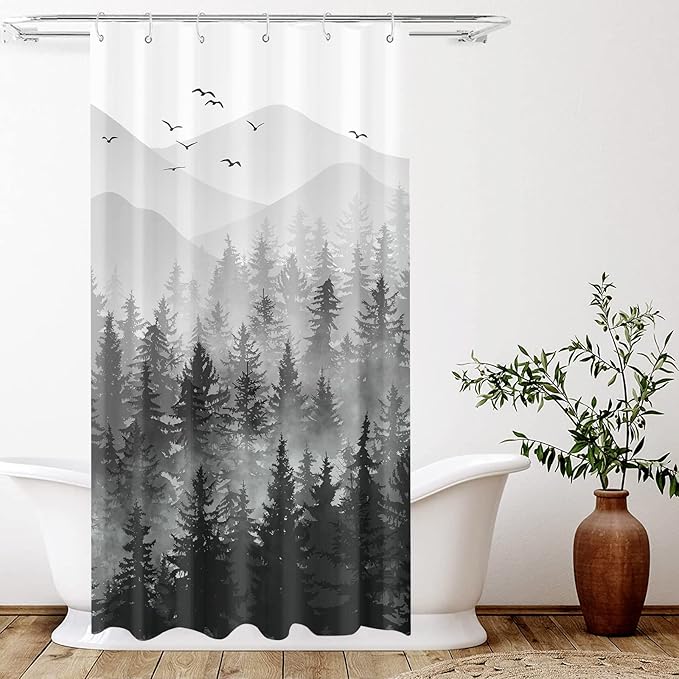Stall Small Black and White Misty Forest Shower Curtain Ombre Gray Grey Mountain Pine Tree Waterproof Fabric Shower Curtains for Bathroom Nature Woodland Decorative Bath Curtain Decor 36×72 Inches