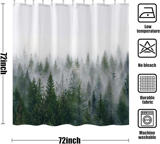 Accnicc Misty Forest Shower Curtain Dark Green Nature Shower Curtains for Bathroom Pine Tree Foggy Woodland Birds Waterproof Fabric Decorative Bath Curtain 72×72 Inch