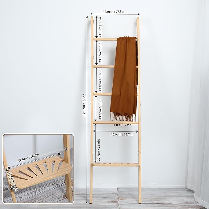 Taozun Minimalist Wood Blanket ladder - Boho Style Wall-leaning Display Towel Rack for Throw Quilt, Standing Ladder Shelf, Blanket Storage for Living Room, Bathroom