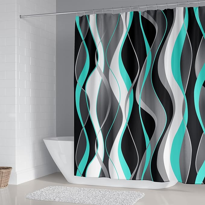 4Pcs Turquoise Shower Curtain Sets with Non-Slip Rugs, Toilet Lid Cover and Bath Mat, Black and Gray Bathroom Decor Set Accessories Fabric Waterproof Shower Curtains with 12 Hooks, 72 x 72 Inch