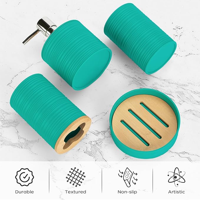 4 PCS Teal Bathroom Accessories Set, Includes a Soap Dispenser, Toothbrush Holder, Soap Dish and Mouthwash Cup, Plastics & Bamboo Bathroom Set, Bohemian Style Bathroom Sink Set