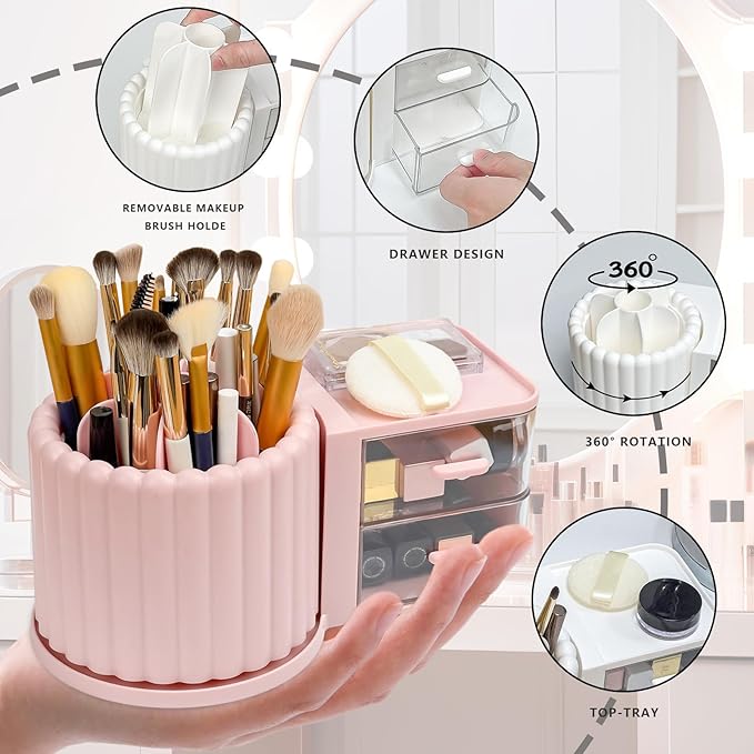 Makeup Organizer Countertop,360 Rotating Makeup Brush Holder With 2 Drawers,Small Preppy Organizer |9.25x5.11inch|Pink