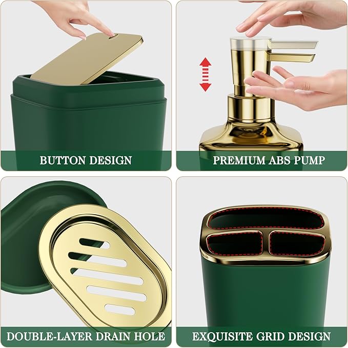 XLHOMO Bathroom Accessories Set - 25PC Bathroom Set with Shower Curtain and Rugs, Green Bathroom Set, Bathroom Accessory Set with Press-on Lid Trash Can, Soap Dispenser and Qtip Holders