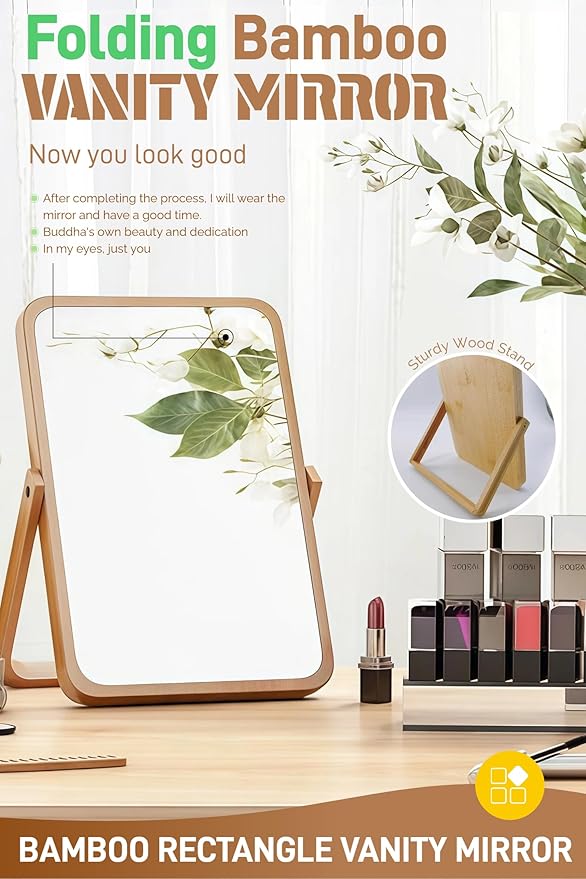 Tumecos Folding Bamboo Vanity Mirror, Tabletop Makeup Mirror, Adjustable HD Rectangle Mirror with Sturdy Stand, Natural Bamboo Frame for Bathroom, Bedroom, Dressing Room,Gift,M