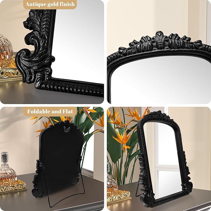 Vintage Vanity Makeup Mirror, Black Arched Tabletop Mirror for Makeup and Room Decor, Antique Decorative Standing Mirror with Carved Frame, Desk Mirror for Bedroom, Living Room, Dresser 11.8"x9.6"
