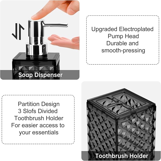 Bathroom Accessories Set 2 PCS, Black Bathroom Accessories Include Soap Dispenser and Toothbrush Holder, Diamond Pattern Bathroom Set for Boho Bathroom Decor