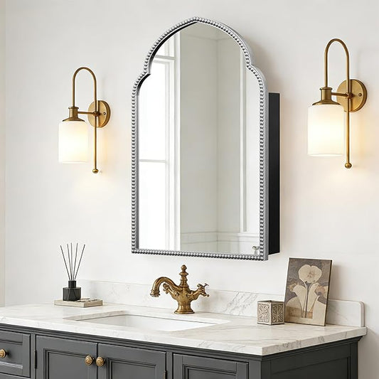 SogesHome Wall-Mounted Bathroom Mirror Cabinet, Irregular Arched Design, 19.7 x 29.9 Inch Retro Elegant Decoration Medicine Cabinet with Removable Shelves, Recessed Vanity Organizer, Silver
