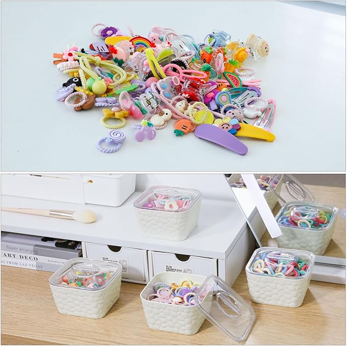 FABROK 4 Pack Hair Accessory Organizer, Clear Hair Tie Holder with Lids, Desk Organizer Case for Hair Tie, Cotton Swab, Cables, Stationery(Cream)