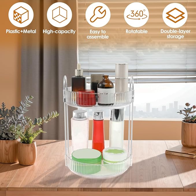 Rotating Makeup Organizer, 360° Rotating Perfume Organizer, Large Capacity Rotating Cosmetic Organizer, 2 Layers Rotating Vanity Organizer for Vanity, Bedroom, Bathroom Countertop