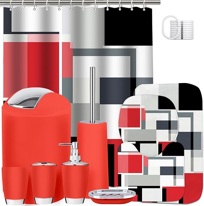 Lnond Red Bathroom Set, 23-Piece Red Black Geometric Bathroom Decor Set with with Shower Curtain and Rugs, Trash Can, Toilet Brush Holder Set & Soap Dispenser
