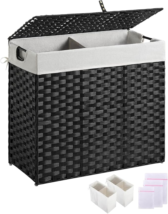 Greenstell Laundry Hamper with lid, No Install Needed, 130L Wicker Laundry Baskets Foldable 2 Removable Liner Bags, 2 Section Clothes Hamper Handwoven Rattan Laundry Basket with Handles, Black