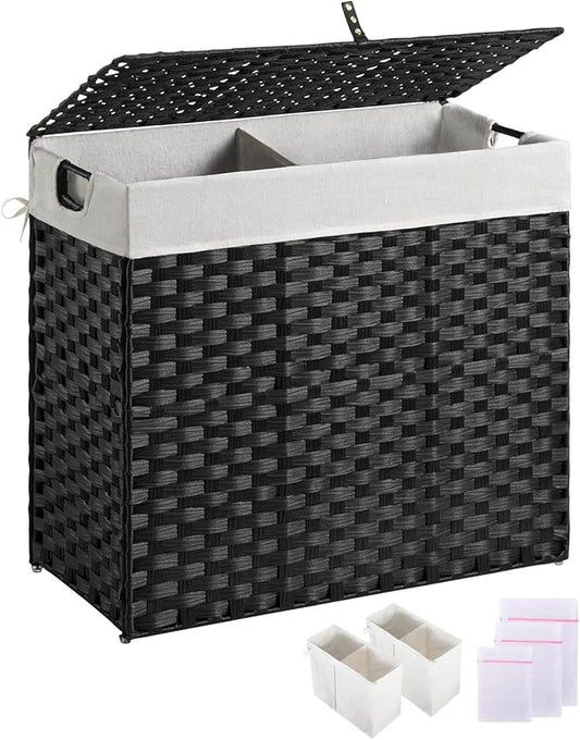 Greenstell Laundry Hamper with lid, No Install Needed, 130L Wicker Laundry Baskets Foldable 2 Removable Liner Bags, 2 Section Clothes Hamper Handwoven Rattan Laundry Basket with Handles, Black