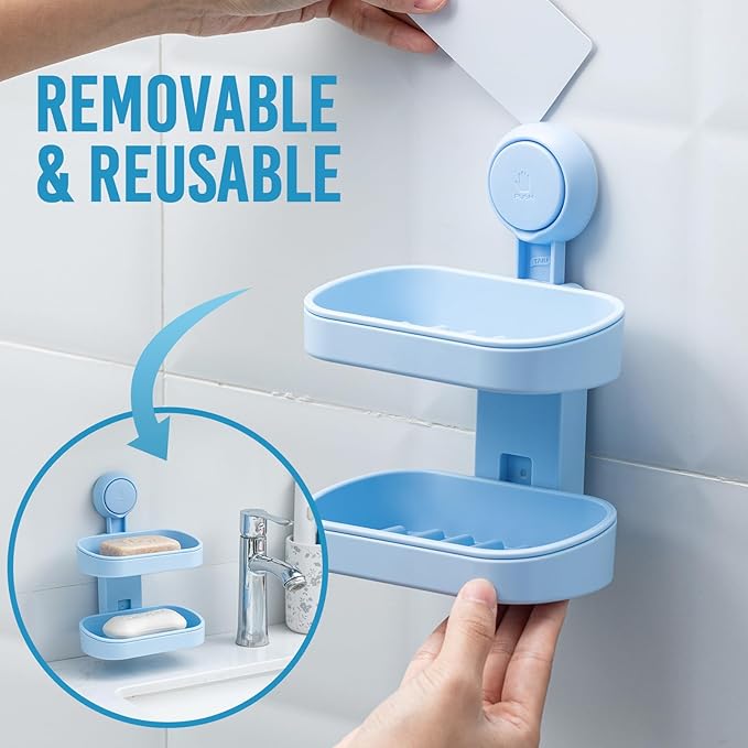 TAILI Soap Holder Soap Dish for Shower, Suction Cup Soap Holder for Shower Wall, Bathroom Accessories, Removable Strong Hold Soap Saver, Drill Free Double Soap Dish, Blue 2 Layer