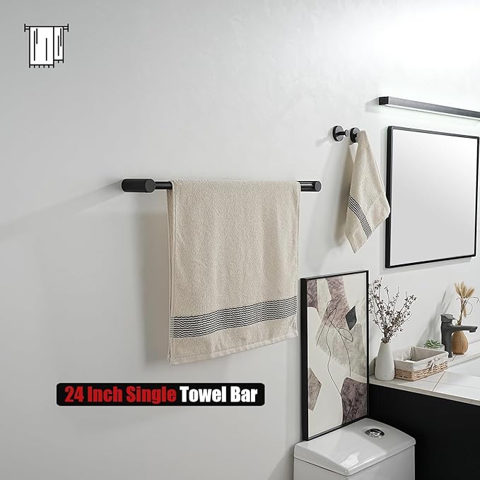 JQK Towel Bar Black, 26.5 Inch 304 Stainless Steel Thicken 0.8mm 2 Pieces Towel Rack Bathroom Wall Mount, Useable Length 24 Inch, TB610L24-PB