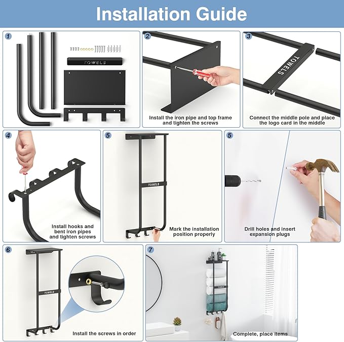 Towel Rack for Bathroom, Black Metal Wall Mounted Towel Holder with Shelf and 4 Hooks, Bathroom Towel Storage Organizer